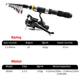 Valkyrie 1. Kalite Tam Takım Balık Olta Seti 2.3m Çantalı Aksesuarlı 10 Boğum Teleskopik Kamış CB240 Motor