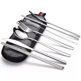 Valkyrie 8 Parça Çantalı Yolculuk Çatal Bıçak Kaşık Pipet Chopstick Seti Kamp Okul Ofis Tatil Paslanmaz Çelik Metal