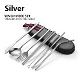 Valkyrie 8 Parça Çantalı Yolculuk Çatal Bıçak Kaşık Pipet Chopstick Seti Kamp Okul Ofis Tatil Paslanmaz Çelik Metal