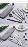 Valkyrie 8 Parça Çantalı Yolculuk Çatal Bıçak Kaşık Pipet Chopstick Seti Kamp Okul Ofis Tatil Paslanmaz Çelik Metal