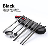 Valkyrie 8 Parça Çantalı Yolculuk Çatal Bıçak Kaşık Pipet Chopstick Seti Kamp Okul Ofis Tatil Paslanmaz Çelik Siyah