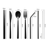 Valkyrie 8 Parça Çantalı Yolculuk Çatal Bıçak Kaşık Pipet Chopstick Seti Kamp Okul Ofis Tatil Paslanmaz Çelik Siyah