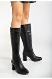Kadın Siyah Fermuarlı Sivri Burun Topuklu Uzun Çizme