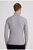 Slim Fit Gri Fitilli Pamuk Karışımlı Boğazlı Triko Kazak 5HF06ORT63100