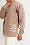 Erkek Bej Oversize Fit Bol Kesim Içi Polarlı 3 Iplik Pamuklu Baskılı Sweatshirt