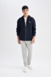 DeFacto Lacivert Relax Fit Kapüşonlu Waffle Baskılı Cepli Fermuarlı Sweatshirt D2629AX24AUNV71