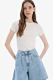 Fitted Bisiklet Yaka Basic Düz Fitilli Kaşkorse Kısa Kollu Tişört