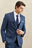 Erkek Lacivert Slim Fit Dar Kesim Kırlangıç Yaka Armürlü Yelekli Klasik Takım Elbise