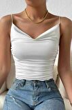 Merry See Kadın Kolsuz Askılı Degaje Yaka Bluz Crop Beyaz
