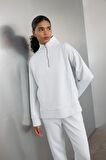 DeFactoFit Oversize Geniş Kalıp Fermuarlı Dik Yaka Skuba Dalgıç Kumaş Sporcu Basic Düz Sweatshirt C9404AX24AUBE817