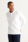 Erkek Beyaz Standart Fit Normal Kesim 3 Iplik Içi Polarlı %100 Pamuk Polo Yaka Sweatshirt