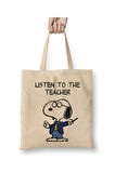 Snoopy Teacher Öğretmenler Günü Öğretmene Hediye 24 Kasım Bez Çanta Uzun Saplı Alışveriş Çantası