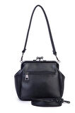 Nas Bag Mini Vintage Burslu Klipsli Kadın Omuz ve Çapraz Çanta Siyah Lopez ( 20x17 cm)