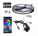 12V 10 Metre Silikonsuz RGB Şerit Led Bluetoothlu Led Kontrol 5A Adaptörlü IP20 Set
