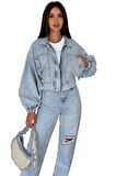 Kadın Açık Mavi Kısa Denim Ceket – Elastik Manşetli Crop Model