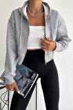 Kadın Gri Fermuarlı Oversize Hoodie – Günlük & Sokak Stili