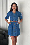 Kadın Düğmeli Denim Elbise – Deri Kemerli & Modern Kesim