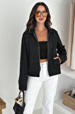 Kadın Metal Fermuarlı Çizgili Ceket – Şehirli & Zamansız Stil