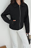 Kadın Metal Fermuarlı Çizgili Ceket – Şehirli & Zamansız Stil