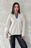 Kadın Denim Yakalı Sweatshirt – Sportif & Şehirli Konfor