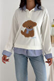 Kadın Nakış Peluş Ayıcık Figürlü Sweatshirt – Eğlenceli & Şehirli Stil