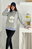 Kadın Nakış Peluş Ayıcık Figürlü Sweatshirt – Eğlenceli & Şehirli Stil