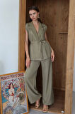 Balenbi Kadın Kuşaklı Yelek Palazzo Keten Takım 1097