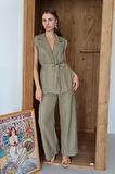 Balenbi Kadın Kuşaklı Yelek Palazzo Keten Takım 1097