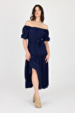 Omzu ve Beli Lastikli Kat Detaylı Midi Boy Elbise