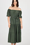 Omzu ve Beli Lastikli Kat Detaylı Midi Boy Elbise