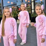 Gül Detaylı Kız Çocuk Triko Takım - 3 PARÇA – Üst + Pantolon + Saç Aksesuarı - 3/12 Yaş - 31581