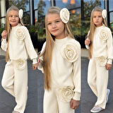 Gül Detaylı Kız Çocuk Triko Takım - 3 PARÇA – Üst + Pantolon + Saç Aksesuarı - 3/12 Yaş - 31581