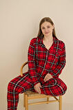 Kadın Büyük Beden Gömlek Yaka Önden Düğmeli Mevsimlik İnce Süet Uzun Kol Göğüs Cepli Pijama Takımı