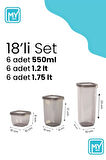 18'li Set Etiketli Kare Erzak Saklama Kabı - Bakliyat Saklama Kutusu Baharatlık 6x(550-1200-1750 ML)