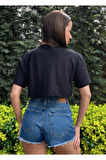 Kadın Bisiklet Yaka Baskılı Oversize Crop T-shirt