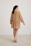 Vos Versa Kadın Kol Bağlama Detaylı Keten Camel Elbise VVK7260