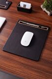 Turgut Office Deri Mousepad Düz Siyah Ahşap Detaylı