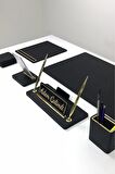 Turgut Office Capella Deri Sümen Takımı Siyah Gold Detaylı 7 Parça
