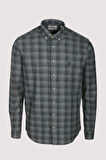 Erkek Gömlek Uzun Kol Haki Ekose Kareli Flanel Yün Tuşeli Slim Fit Düğmeli Yaka Shirt NCS JEANS 7266