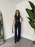 Lacivert Çizgili Düğmeli Yelek Pileli Palazzo Pantolon İkili Takım