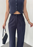 Lacivert Çizgili Düğmeli Yelek Pileli Palazzo Pantolon İkili Takım