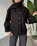 Siyah Bisiklet Yaka Şal Aksesurlı Düğmeli Kaşe Ceket Mont