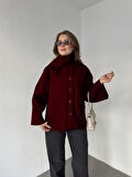 Bordo Bisiklet Yaka Şal Aksesuarlı Düğmeli Kaşe Ceket Mont