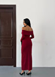 Kadın Bordo Madonna Yaka Düğümlü Uzun Kollu Midi Boy Elbise