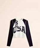 Bisiklet Yaka Usa Basklı Orj Marka Crop Bluz