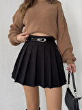 Siyah Astarlı Şortlu Kemerli Pileli Kışlık Mini Etek