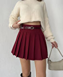 Bordo Astarlı Şortlu Kemerli Pileli Kışlık Mini Etek