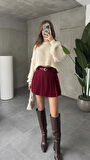 Bordo Astarlı Şortlu Kemerli Pileli Kışlık Mini Etek