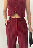 Bordo Çizgili Düğmeli Yelek Pileli Palazzo Pantolon İkili Takım