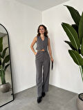 Antrasit Çizgili Düğmeli Yelek Pileli Palazzo Pantolon İkili Takım